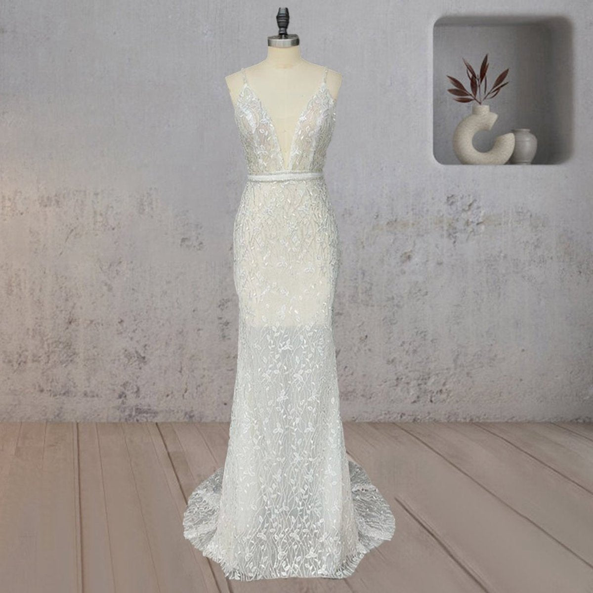 Mermaid Lace Deep V Wedding Dresses with Appliques