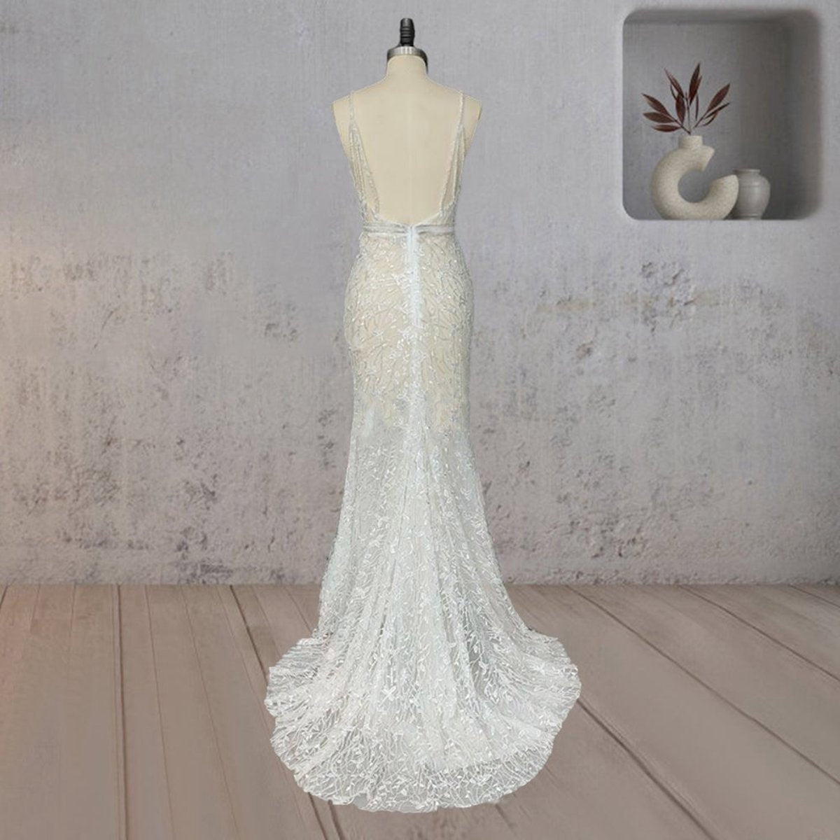 Mermaid Lace Deep V Wedding Dresses with Appliques
