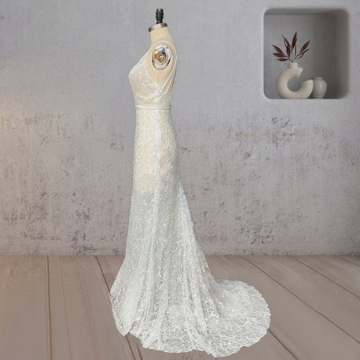 Mermaid Lace Deep V Wedding Dresses with Appliques
