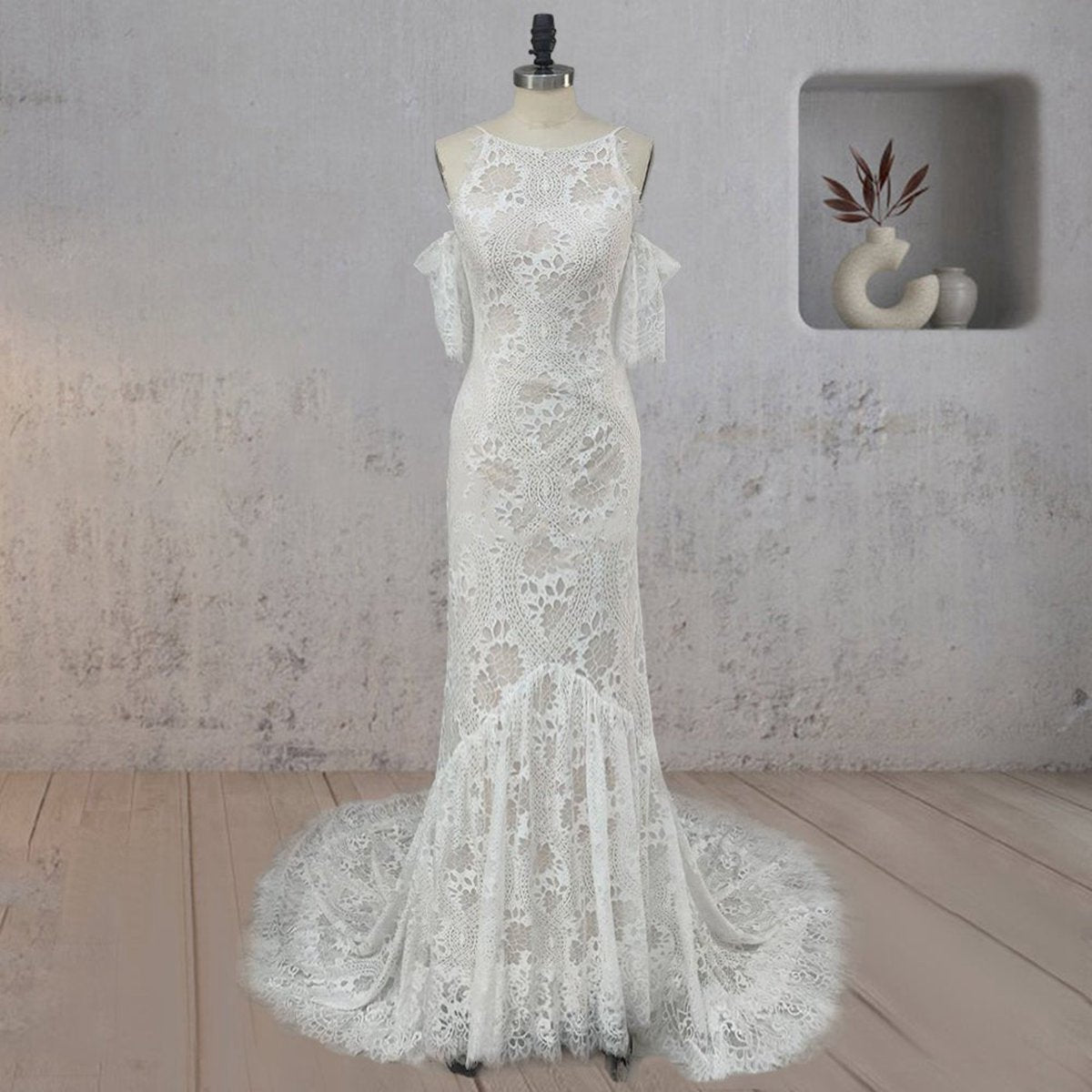 Mermaid Halter Neck Lace Wedding Dresses