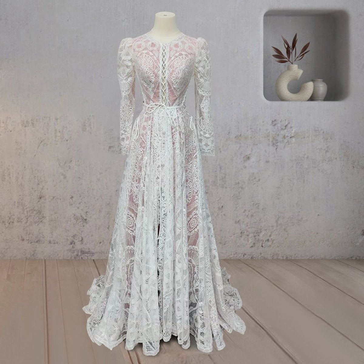 Ruched Bohemian Lace Round Neck Wedding Dresses