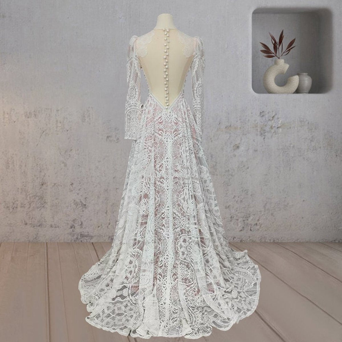 Ruched Bohemian Lace Round Neck Wedding Dresses
