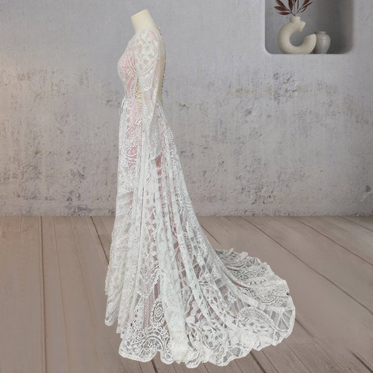 Ruched Bohemian Lace Round Neck Wedding Dresses