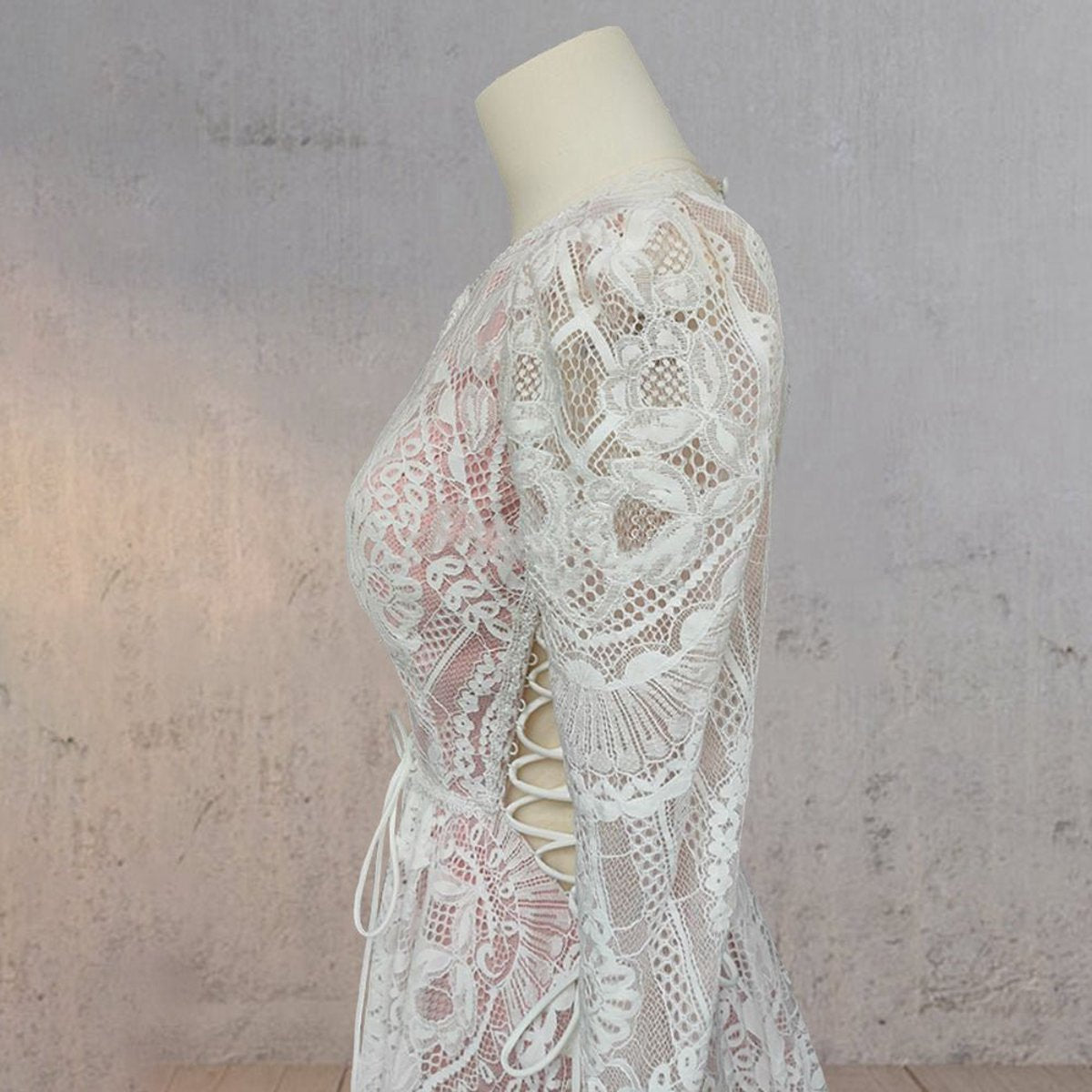 Ruched Bohemian Lace Round Neck Wedding Dresses