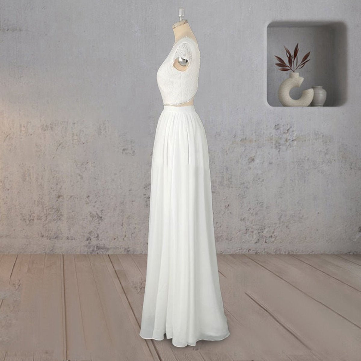 A-line Two Piece Chiffon Lace Wedding Dresses