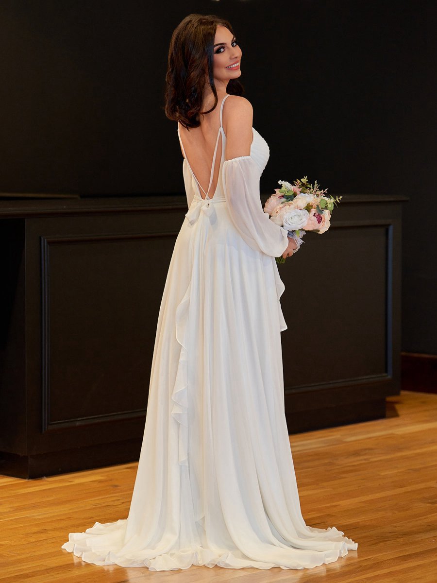 A-line Chiffon Detachable Puffy Sleeves Wedding Dresses