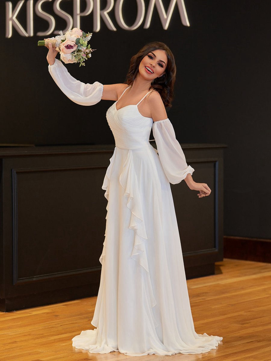 A-line Chiffon Detachable Puffy Sleeves Wedding Dresses