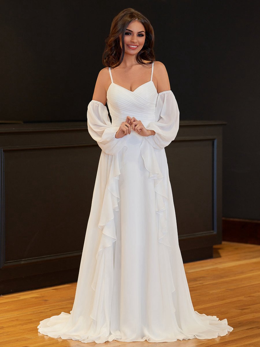 A-line Chiffon Detachable Puffy Sleeves Wedding Dresses