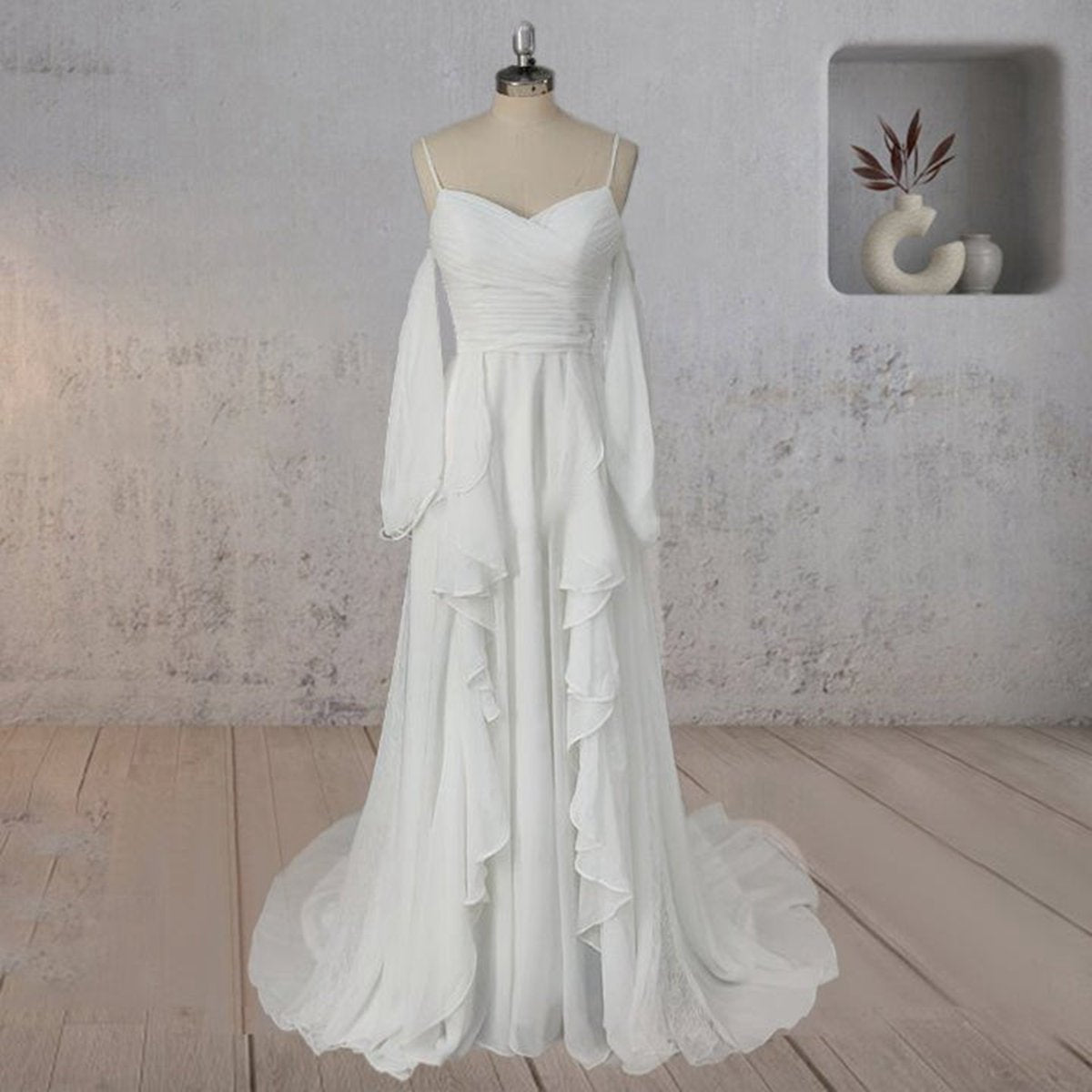 A-line Chiffon Detachable Puffy Sleeves Wedding Dresses