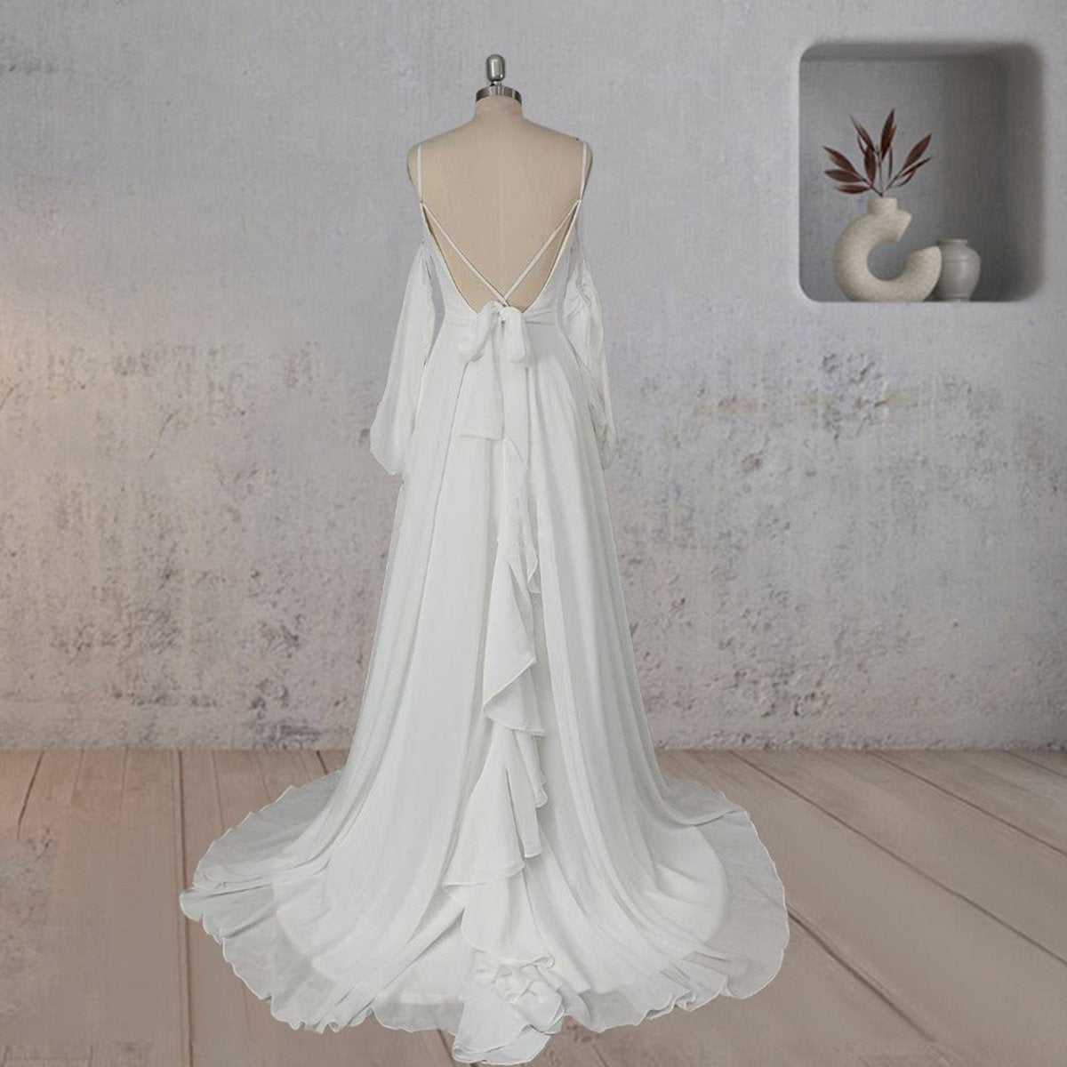 A-line Chiffon Detachable Puffy Sleeves Wedding Dresses