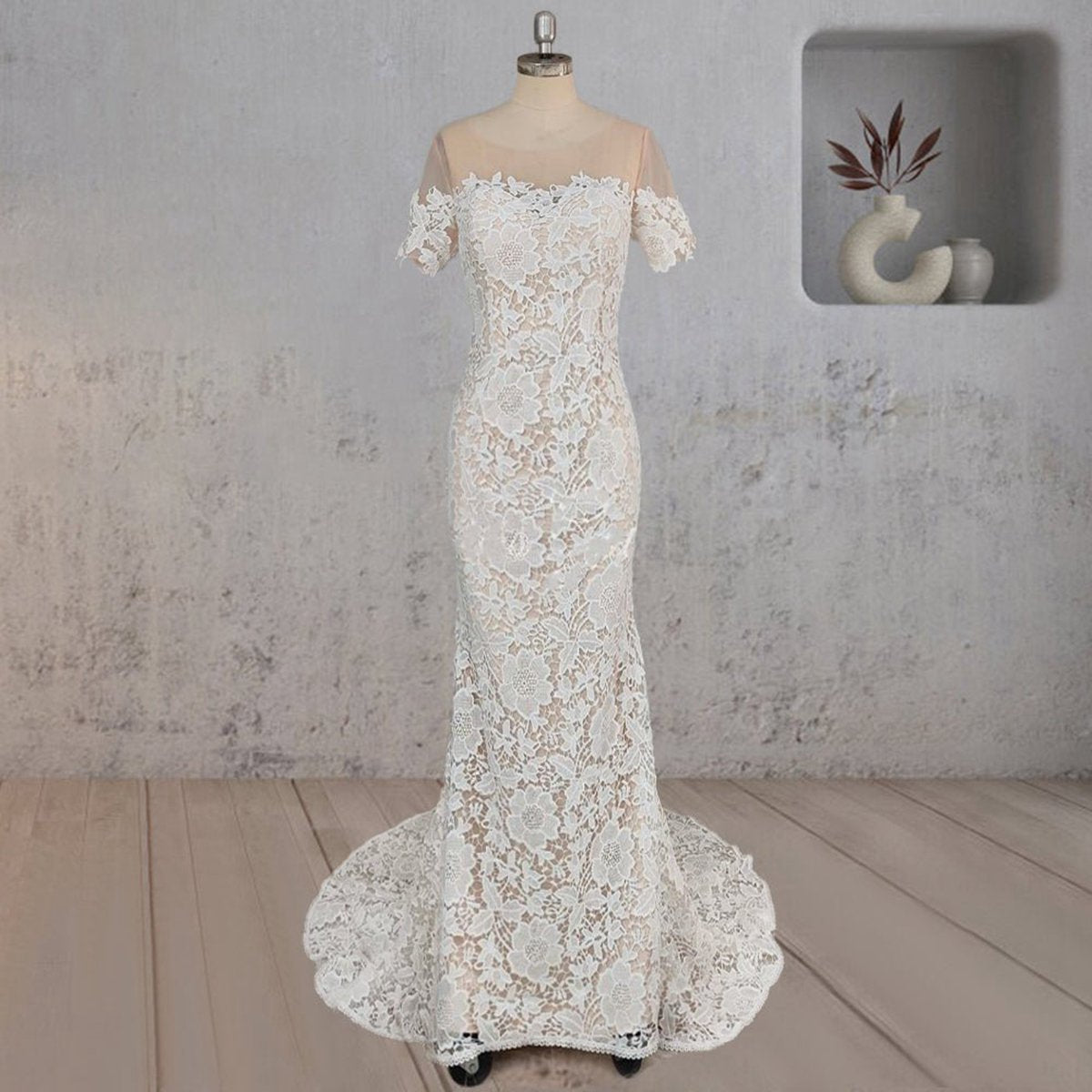 Mermaid Scoop Illusion Neck Floral Wedding Dresses