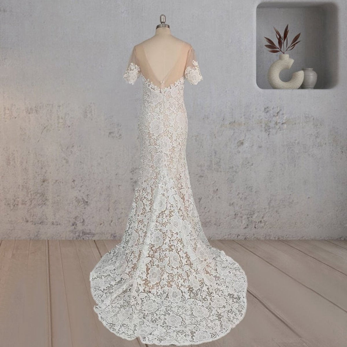 Mermaid Scoop Illusion Neck Floral Wedding Dresses