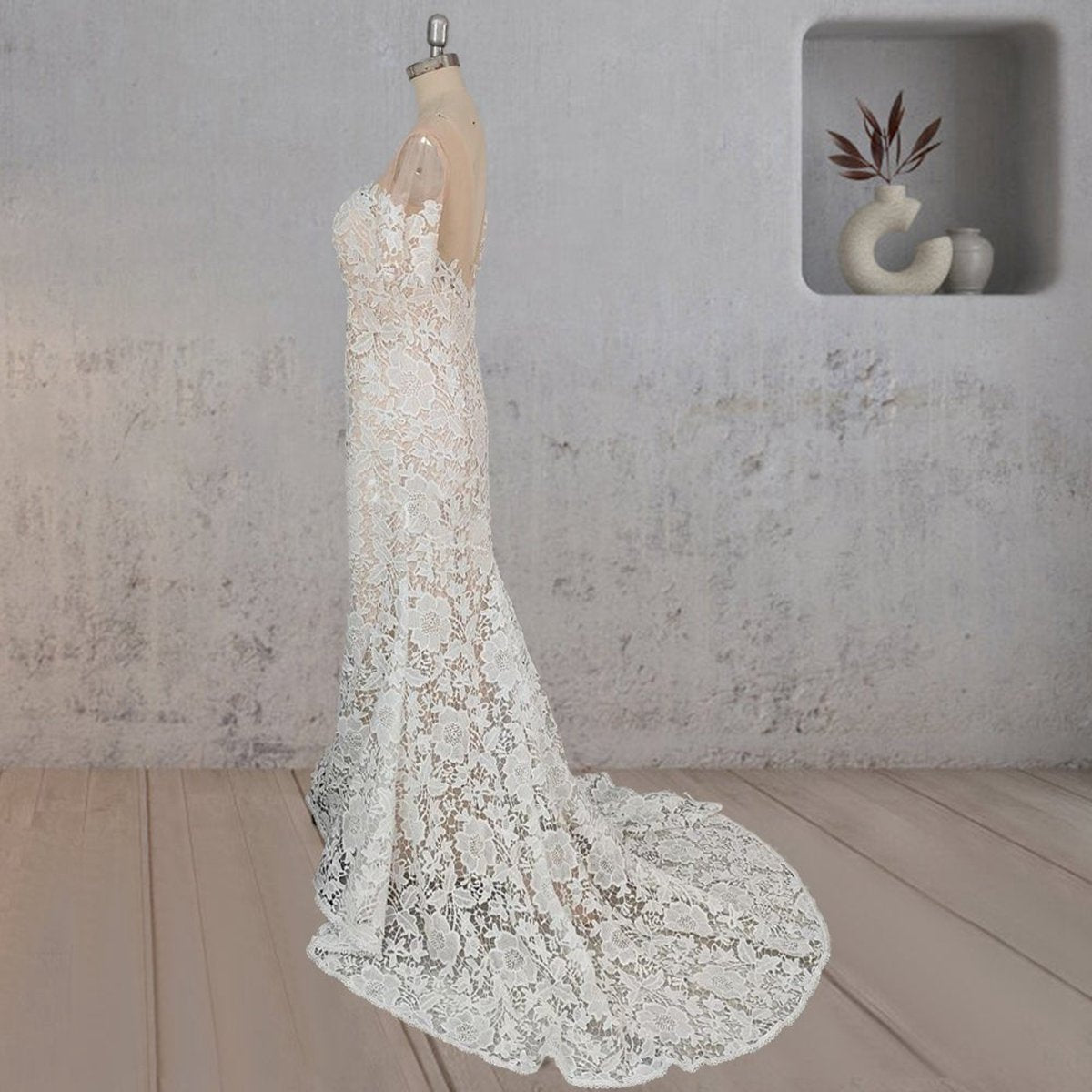 Mermaid Scoop Illusion Neck Floral Wedding Dresses