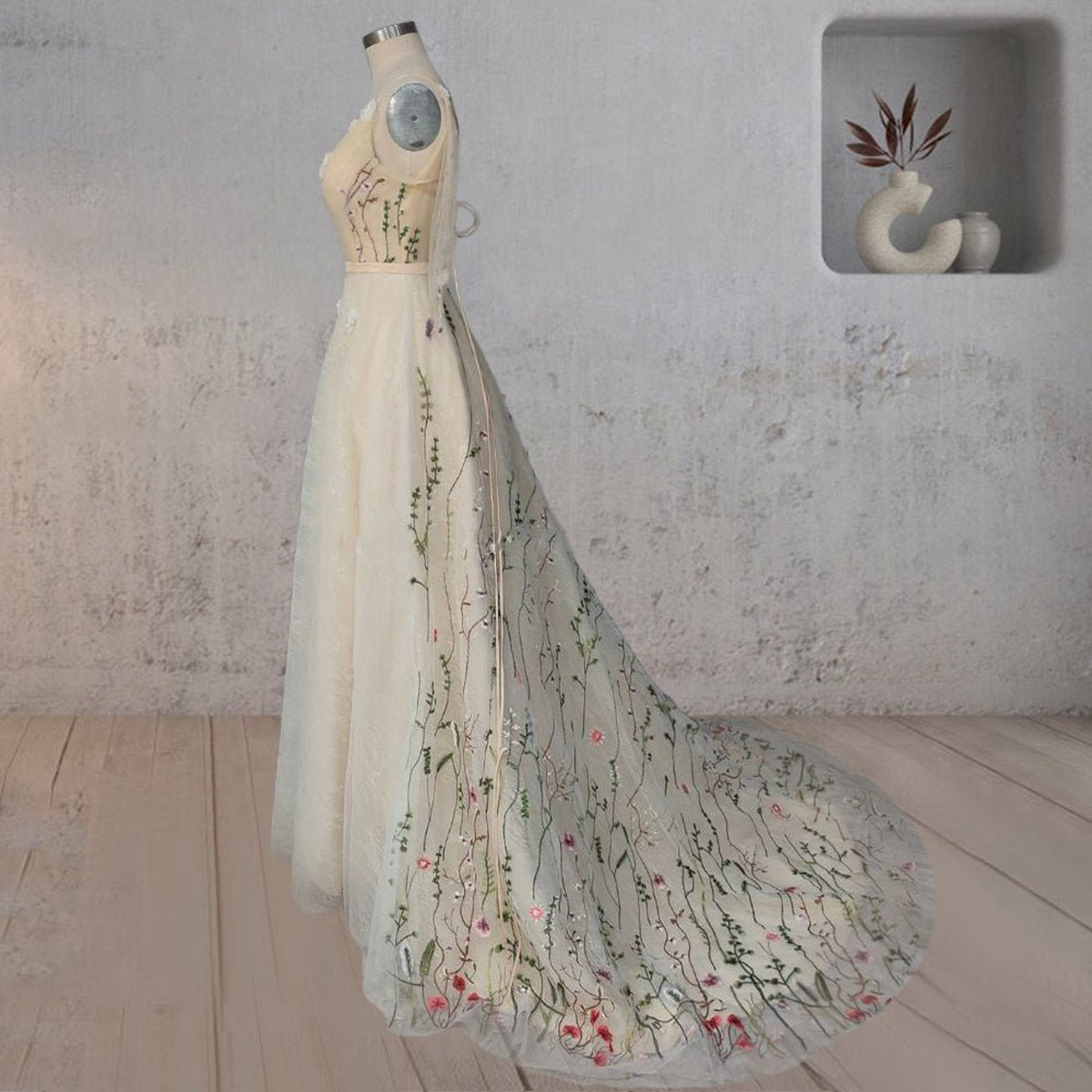 A-line V Neck Sleeveless Floral Enchantment Boho Wedding Dresses
