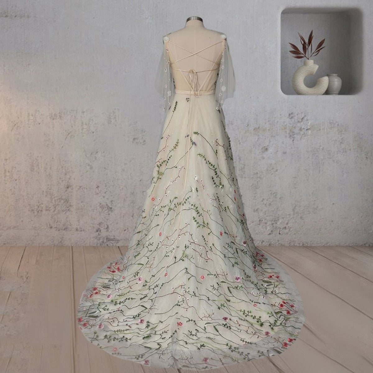 A-line V Neck Sleeveless Floral Enchantment Boho Wedding Dresses