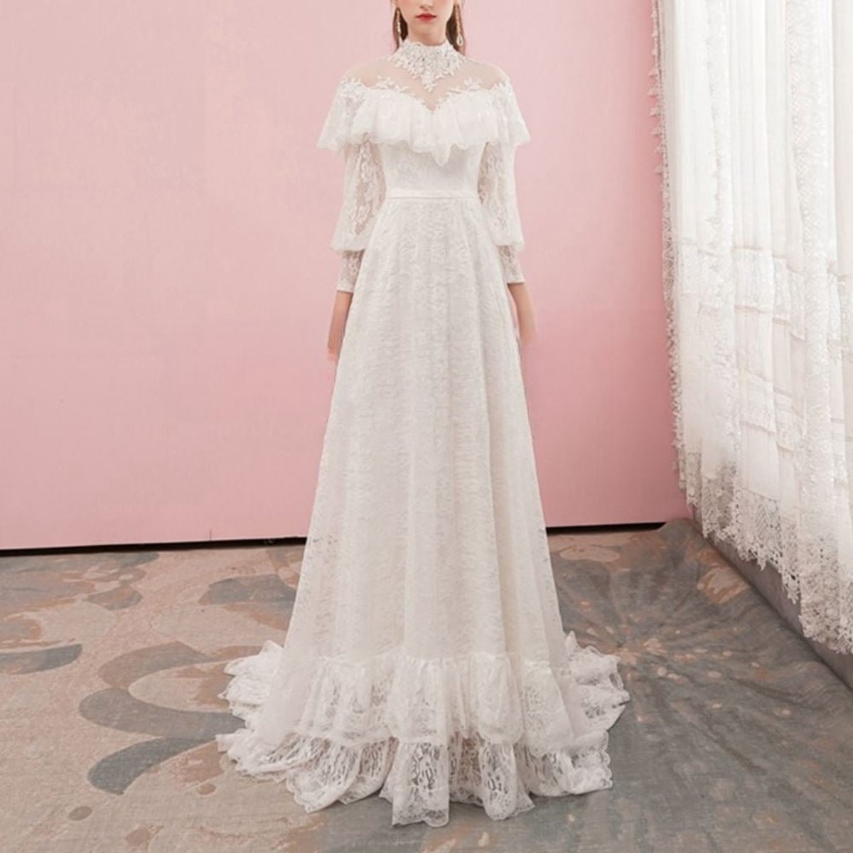 A-line Lace Appliques Illusion Neck Wedding Dresses