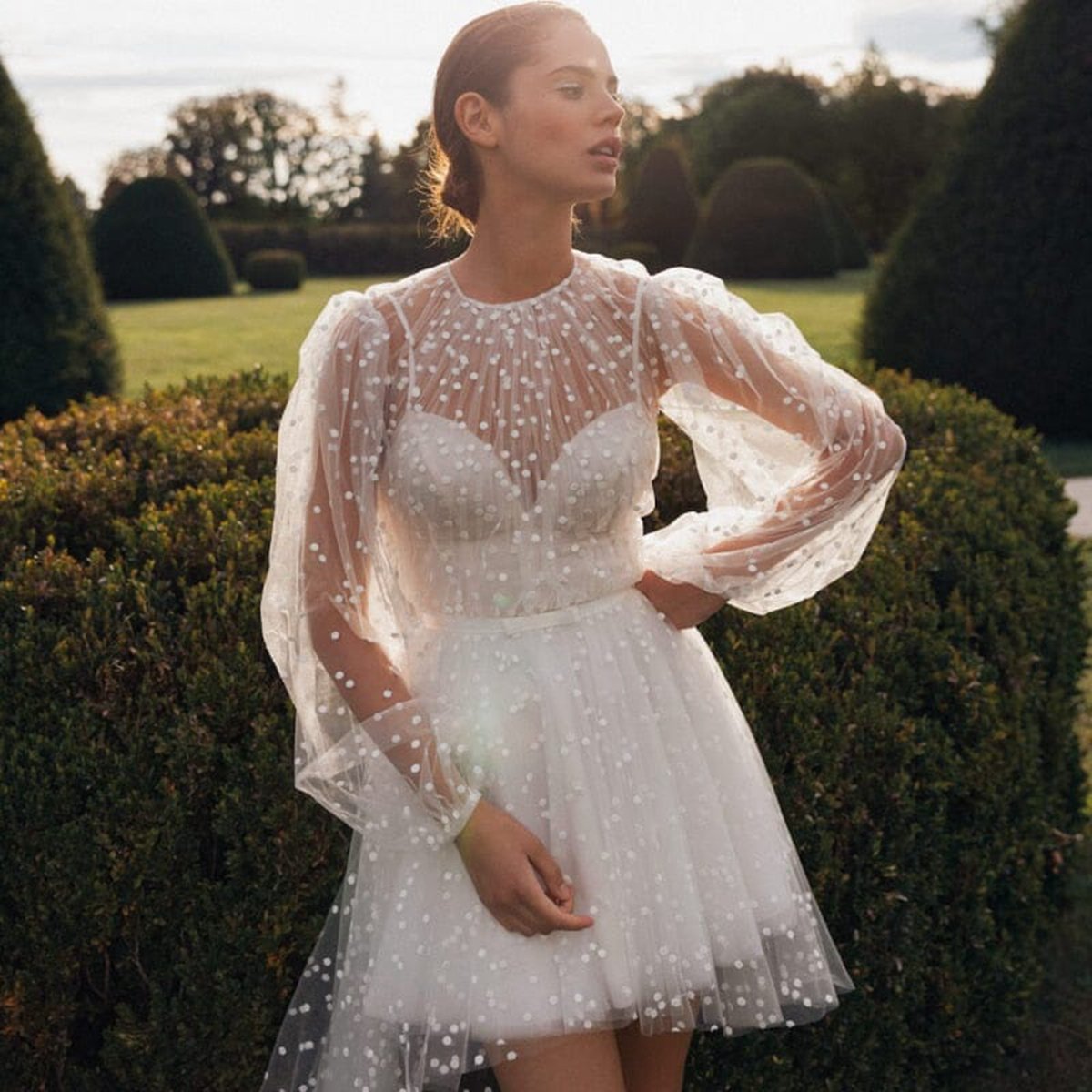 A-line Polka Dot Illusion Charm Asymmetrical Wedding Dresses