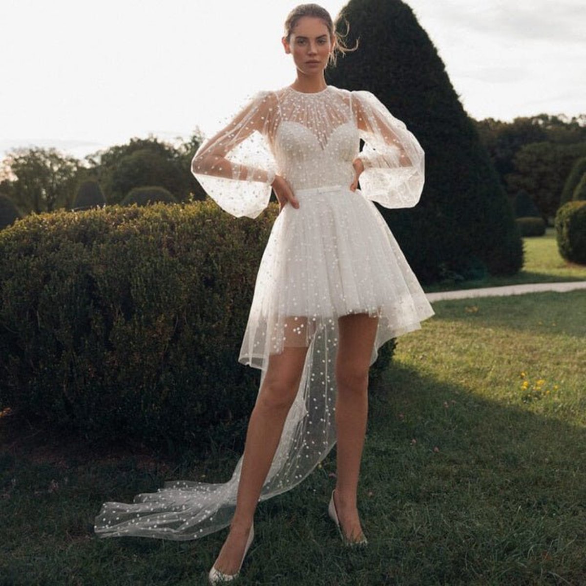 A-line Polka Dot Illusion Charm Asymmetrical Wedding Dresses