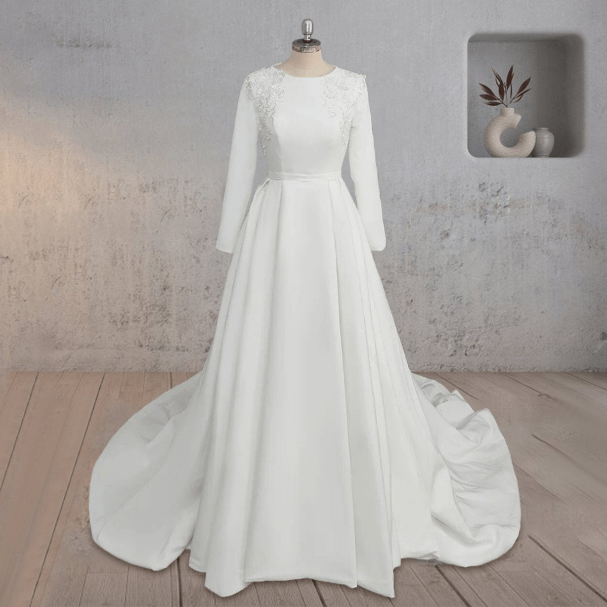 A-line Long Sleeves Appliqued Wedding Dresses with Train