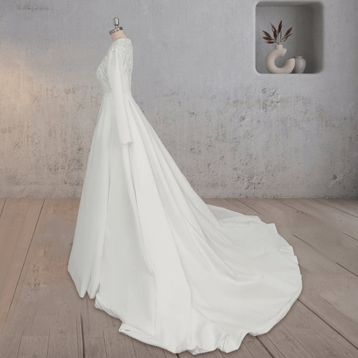 A-line Long Sleeves Appliqued Wedding Dresses with Train