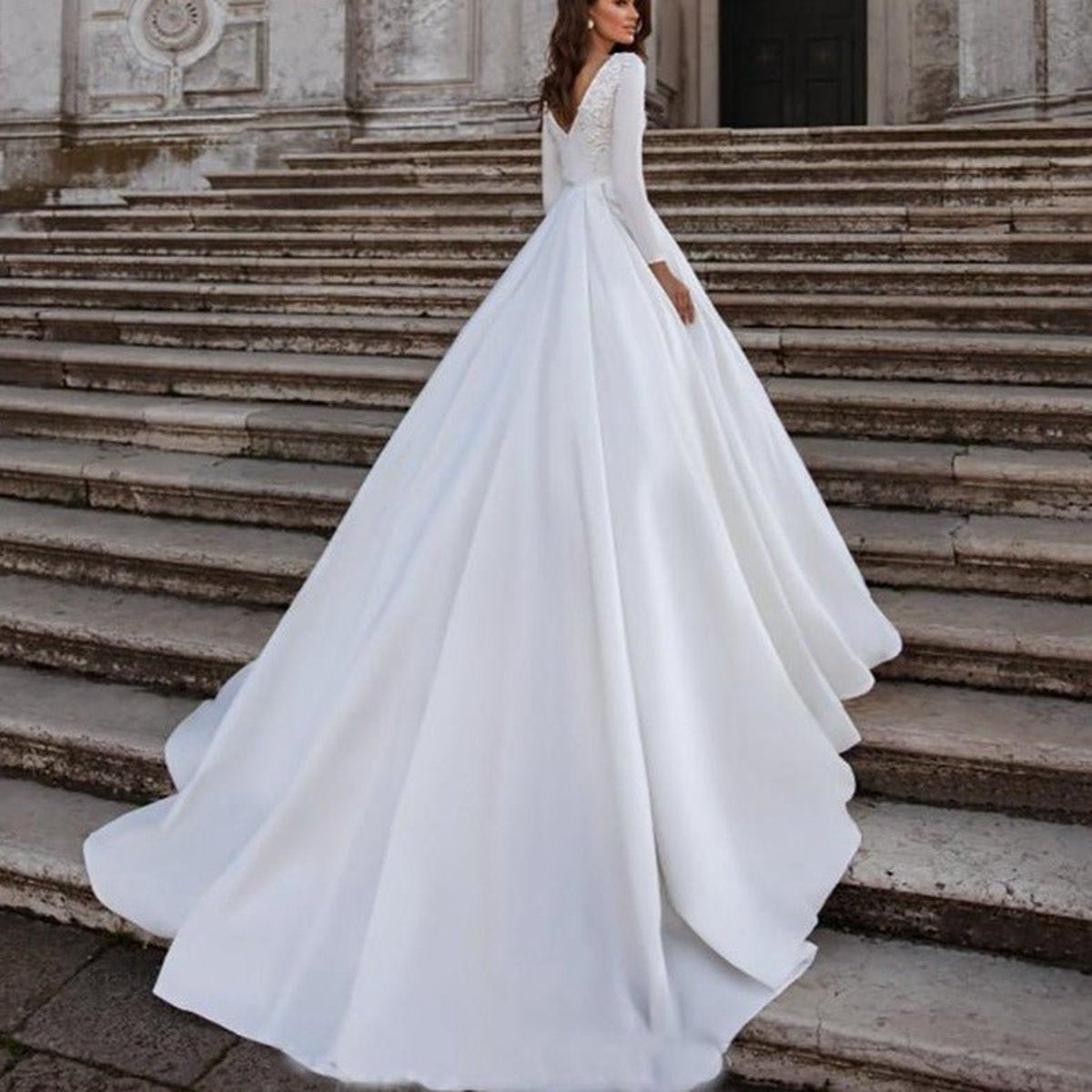 A-line Long Sleeves Appliqued Wedding Dresses with Train