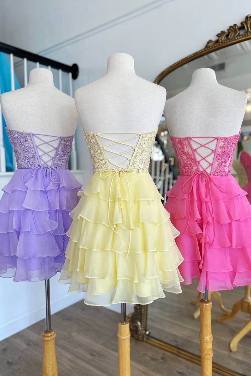 A-line Strapless Tie Corset Short Homecoming Dresses with Appliques