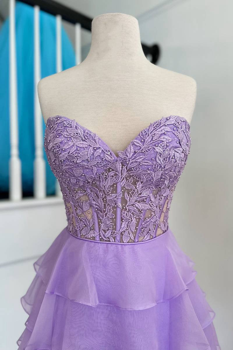 A-line Strapless Tie Corset Short Homecoming Dresses with Appliques