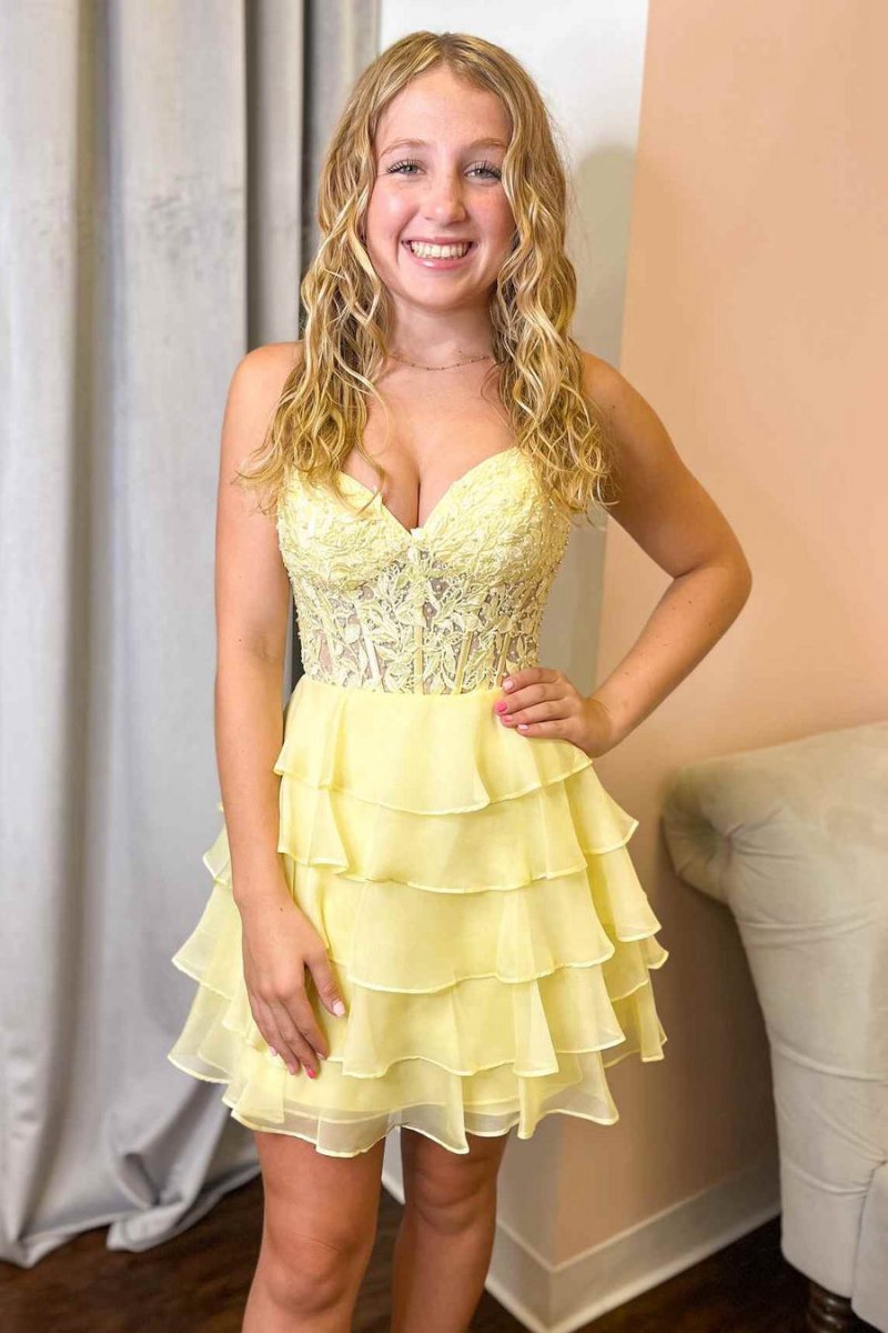A-line Strapless Tie Corset Short Homecoming Dresses with Appliques