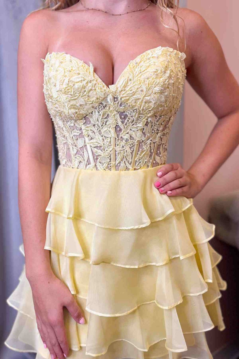 A-line Strapless Tie Corset Short Homecoming Dresses with Appliques
