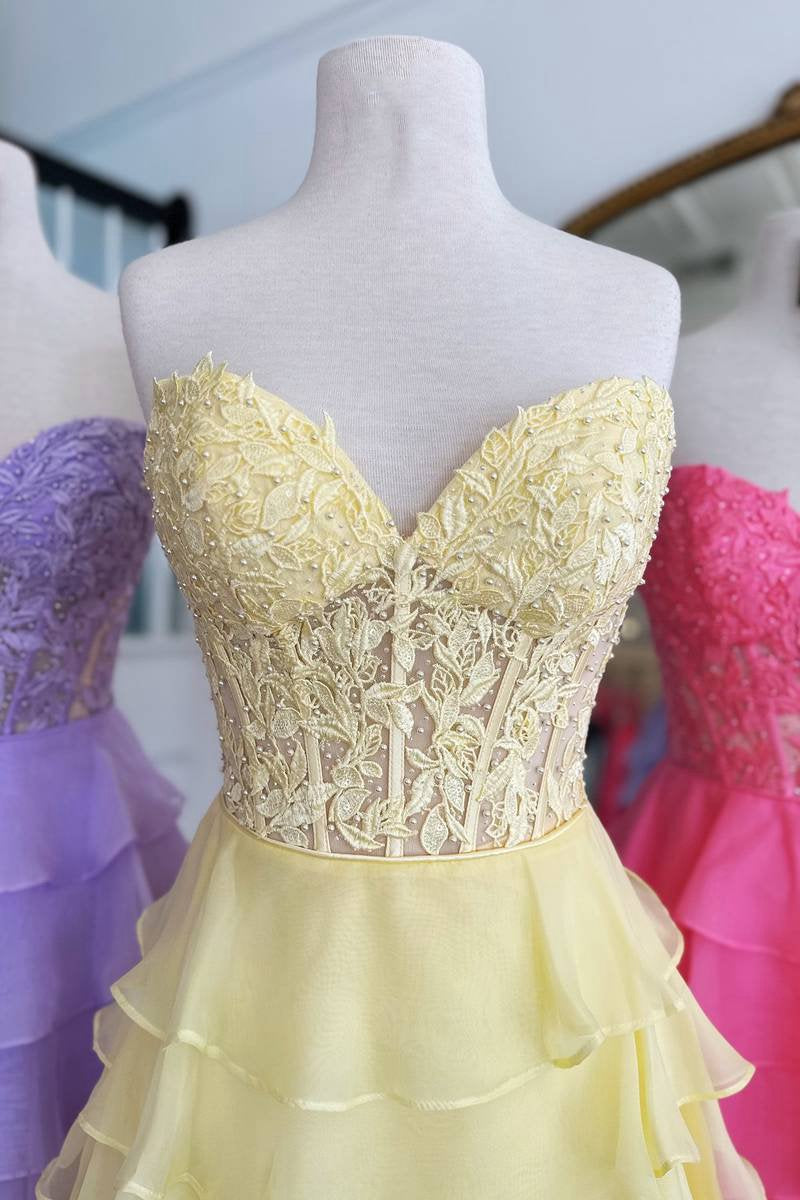 A-line Strapless Tie Corset Short Homecoming Dresses with Appliques