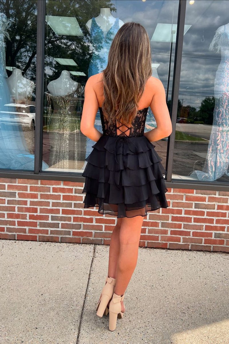A-line Strapless Tie Corset Short Homecoming Dresses with Appliques