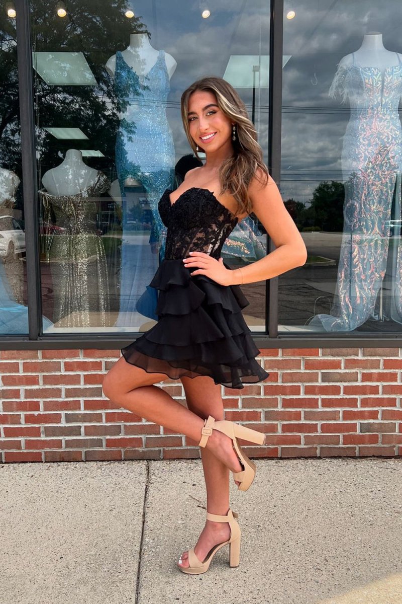 A-line Strapless Tie Corset Short Homecoming Dresses with Appliques