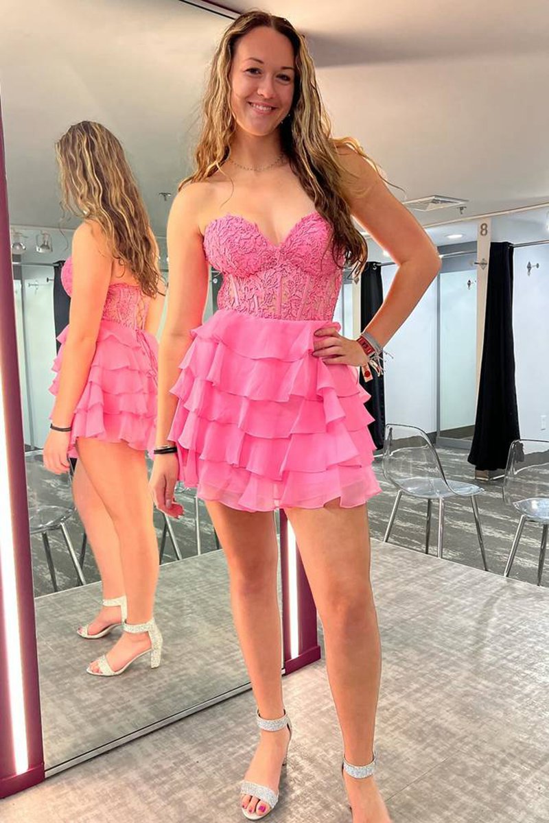 A-line Strapless Tie Corset Short Homecoming Dresses with Appliques