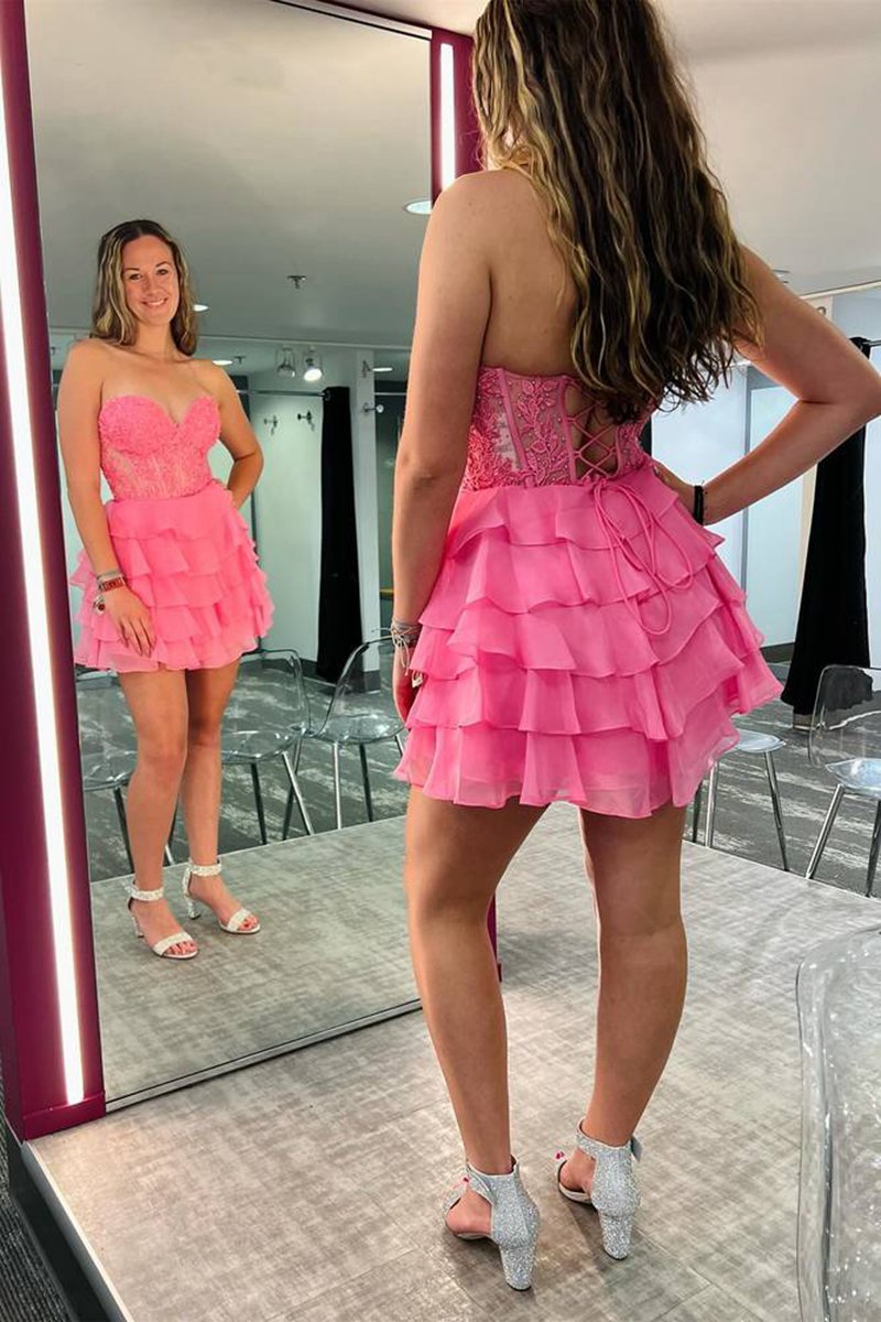 A-line Strapless Tie Corset Short Homecoming Dresses with Appliques