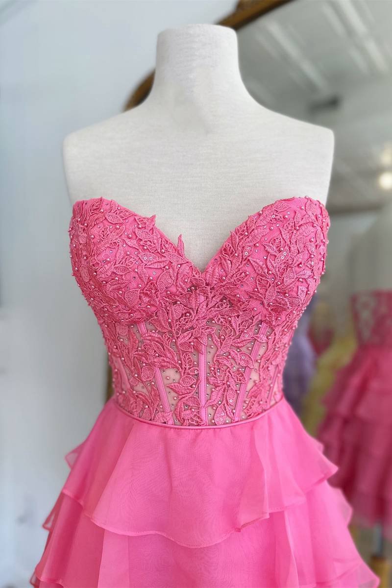 A-line Strapless Tie Corset Short Homecoming Dresses with Appliques
