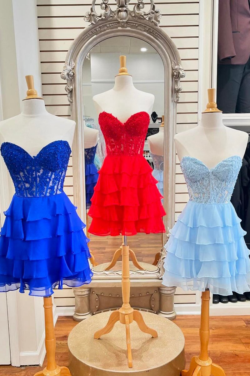 A-line Strapless Tie Corset Short Homecoming Dresses with Appliques