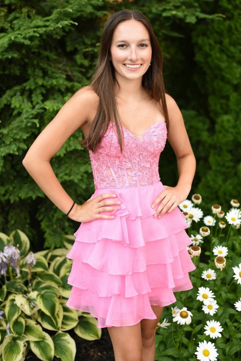 A-line Strapless Tie Corset Short Homecoming Dresses with Appliques