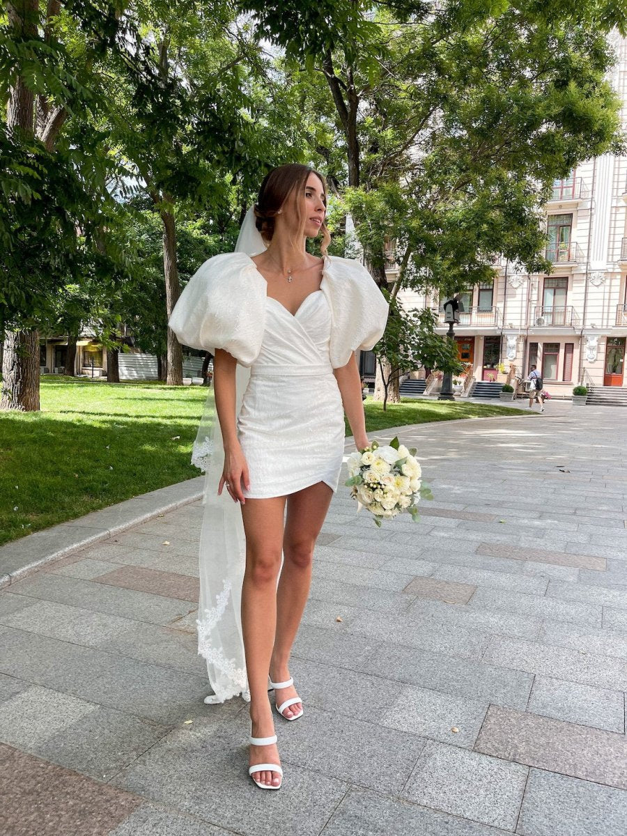 Sheath Puff Sleeves Short V-Neck Wedding Dresses