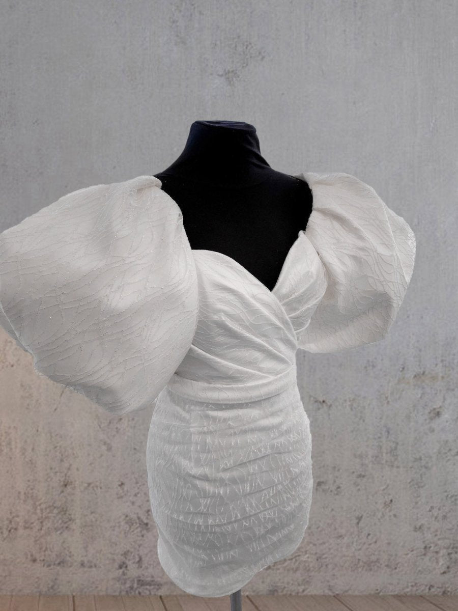 Sheath Puff Sleeves Short V-Neck Wedding Dresses