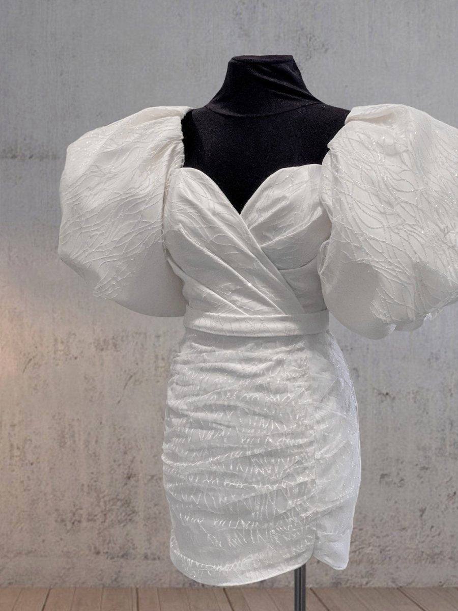 Sheath Puff Sleeves Short V-Neck Wedding Dresses