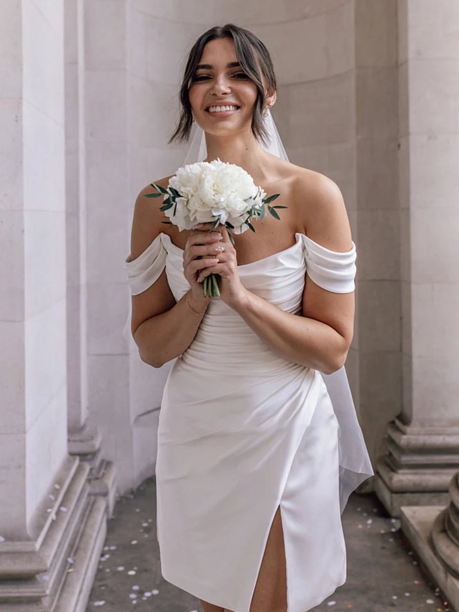 Off-the-Shoulder Short Satin Cowl Neck Simple Formal Wedding Dresses with Slit
