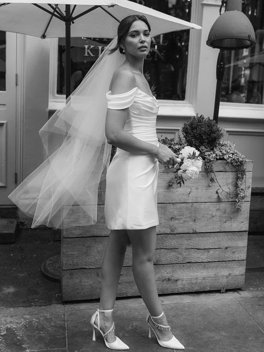 Off-the-Shoulder Short Satin Cowl Neck Simple Formal Wedding Dresses with Slit