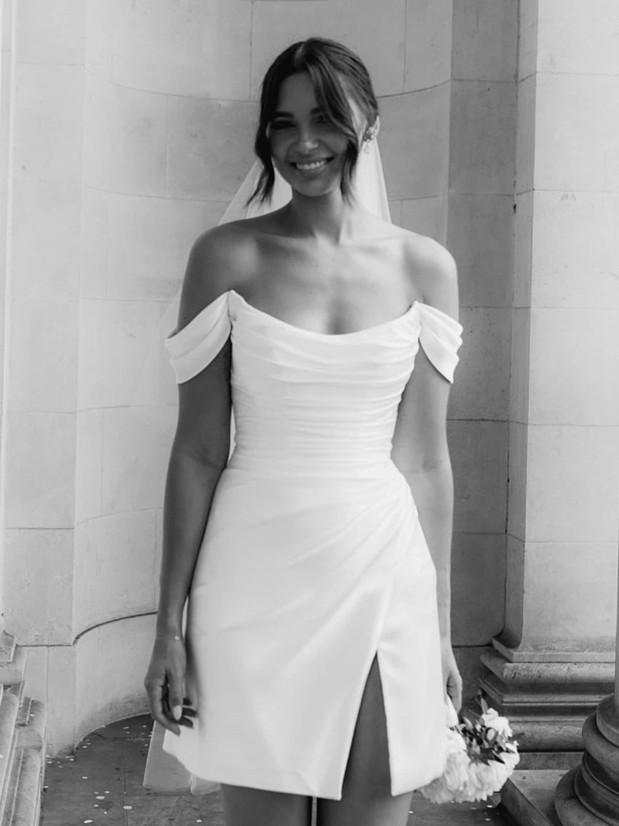 Off-the-Shoulder Short Satin Cowl Neck Simple Formal Wedding Dresses with Slit