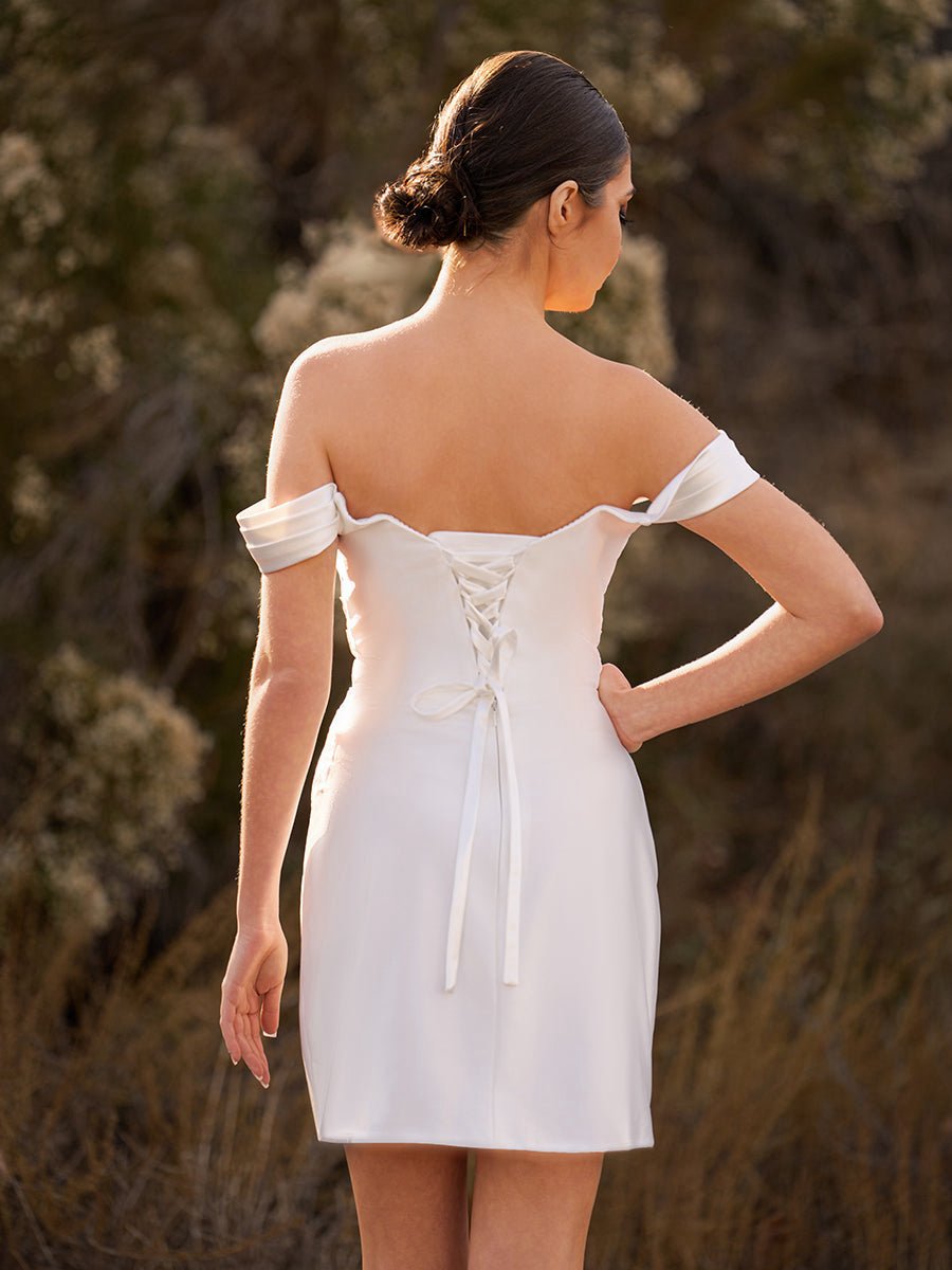 Off-the-Shoulder Short Satin Cowl Neck Simple Formal Wedding Dresses with Slit