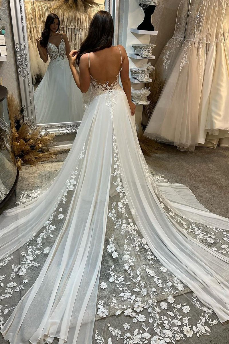 A-line V Neck Chiffon Boho Appliques Wedding Dresses