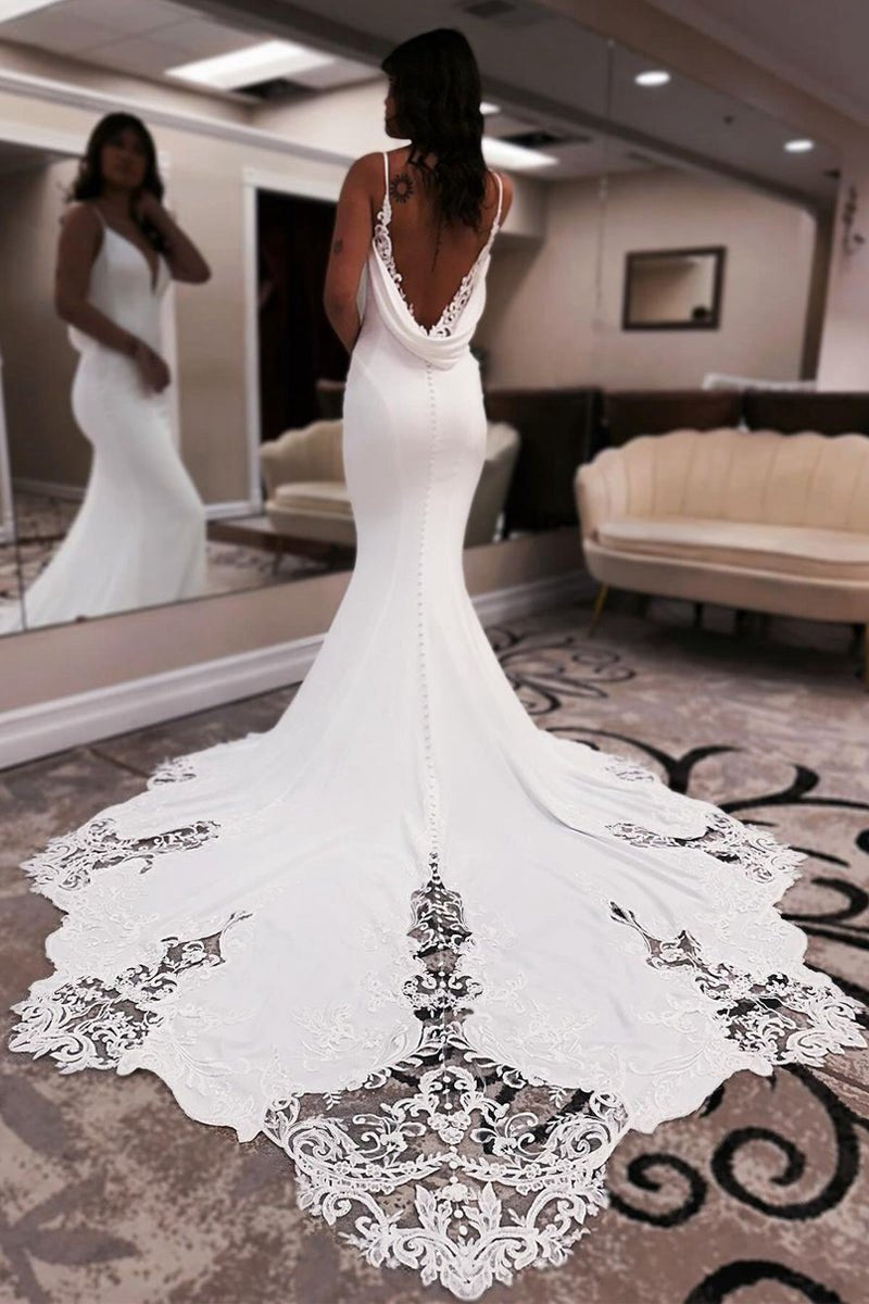 Unique Mermaid V Neck Satin Wedding Dresses with Appliques