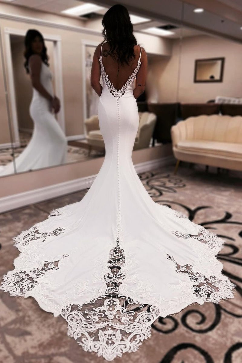 Unique Mermaid V Neck Satin Wedding Dresses with Appliques