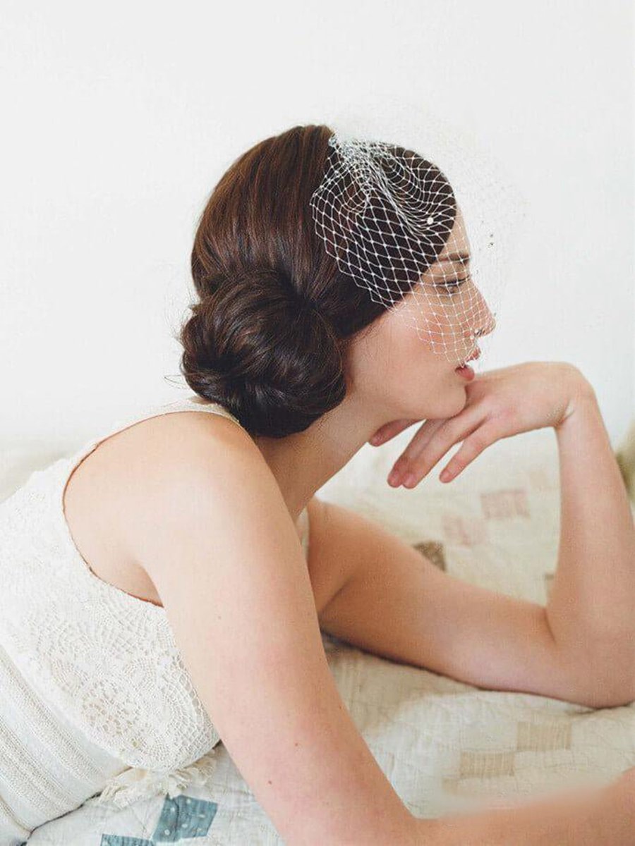 Vintage Ivory Mesh Birdcage Wedding Veils with Tiny Crystals