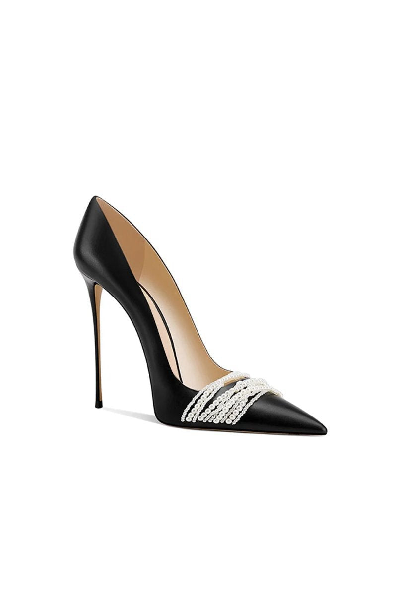 Leather Upper Pearl Mid Heel Pumps