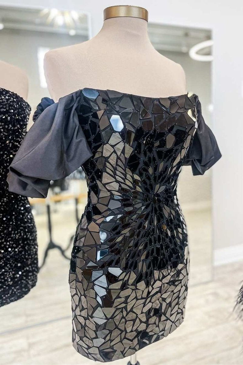 Cut Glass Mirror Off-the-Shoulder Short Party Dresses